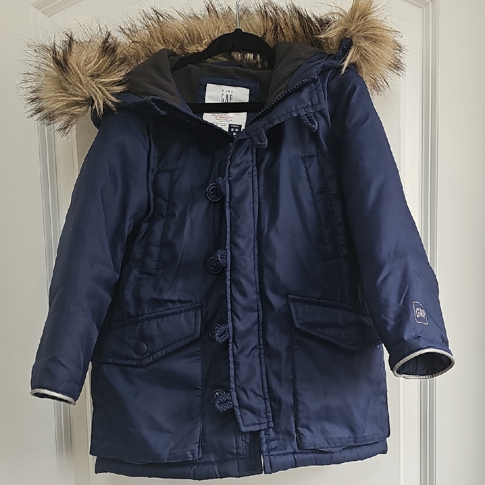 GAP Blue Puffer Jacket with Faux Fur Hood